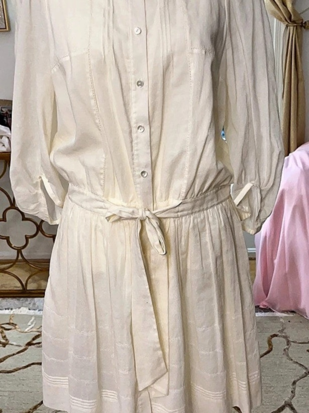 Button Front Tie Waist Mini Dress in White Like New
